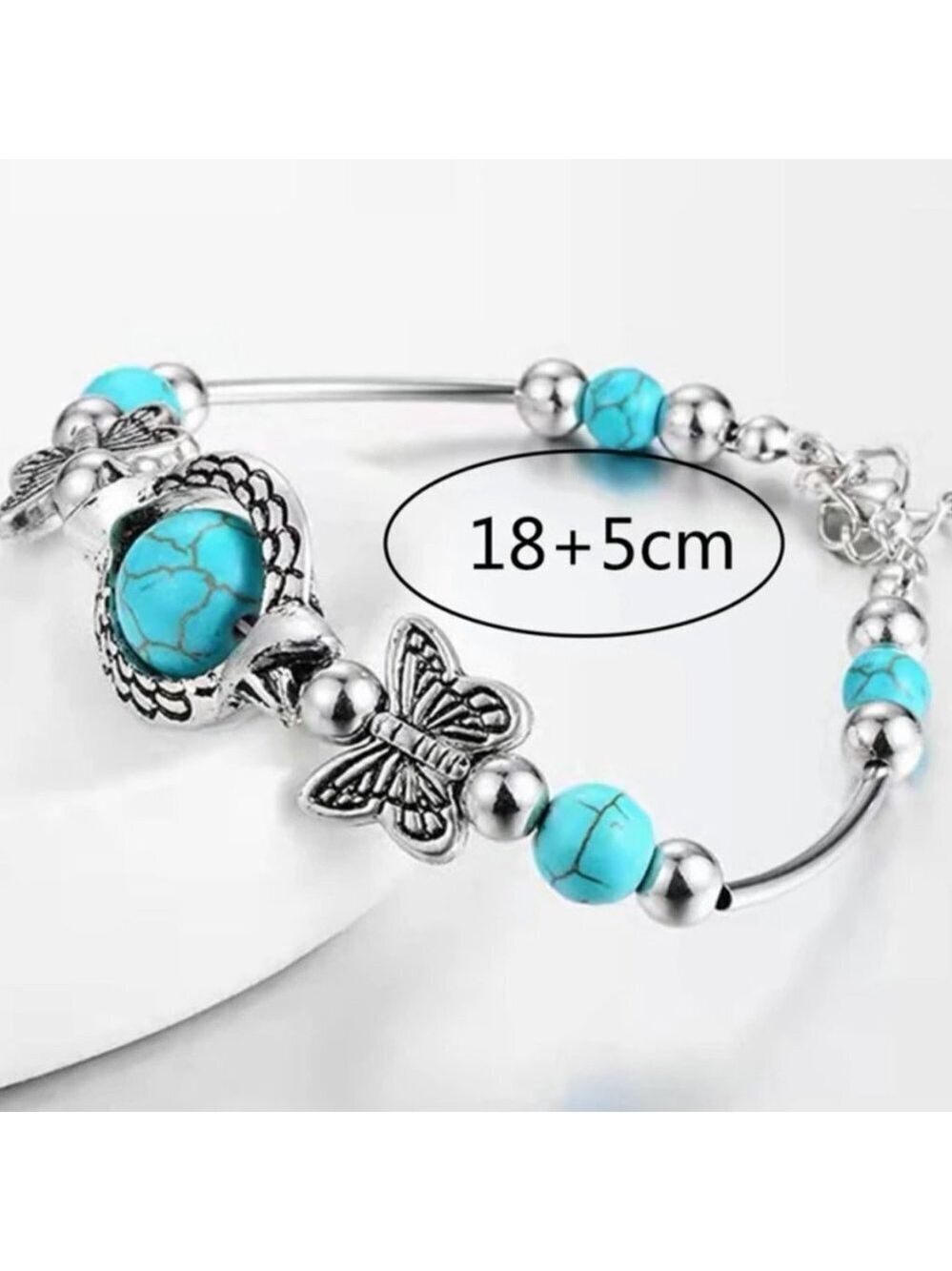 Dainty Feminine Silver Tone Faux Turquoise Butterfly Bracelet - Picture 4 of 5